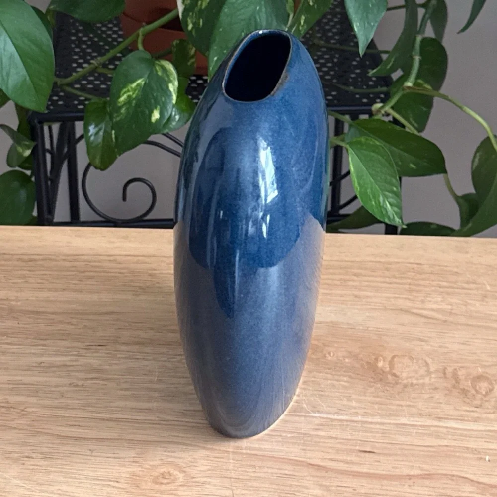 Vintage Otagiri 7” Cobalt Blue Iris Vase Japan Floral Design Ceramic 1970s 1980s